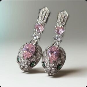 Exquisite Silver Plated Snake Serpent Pink Crystal Pave Zircon Earrings